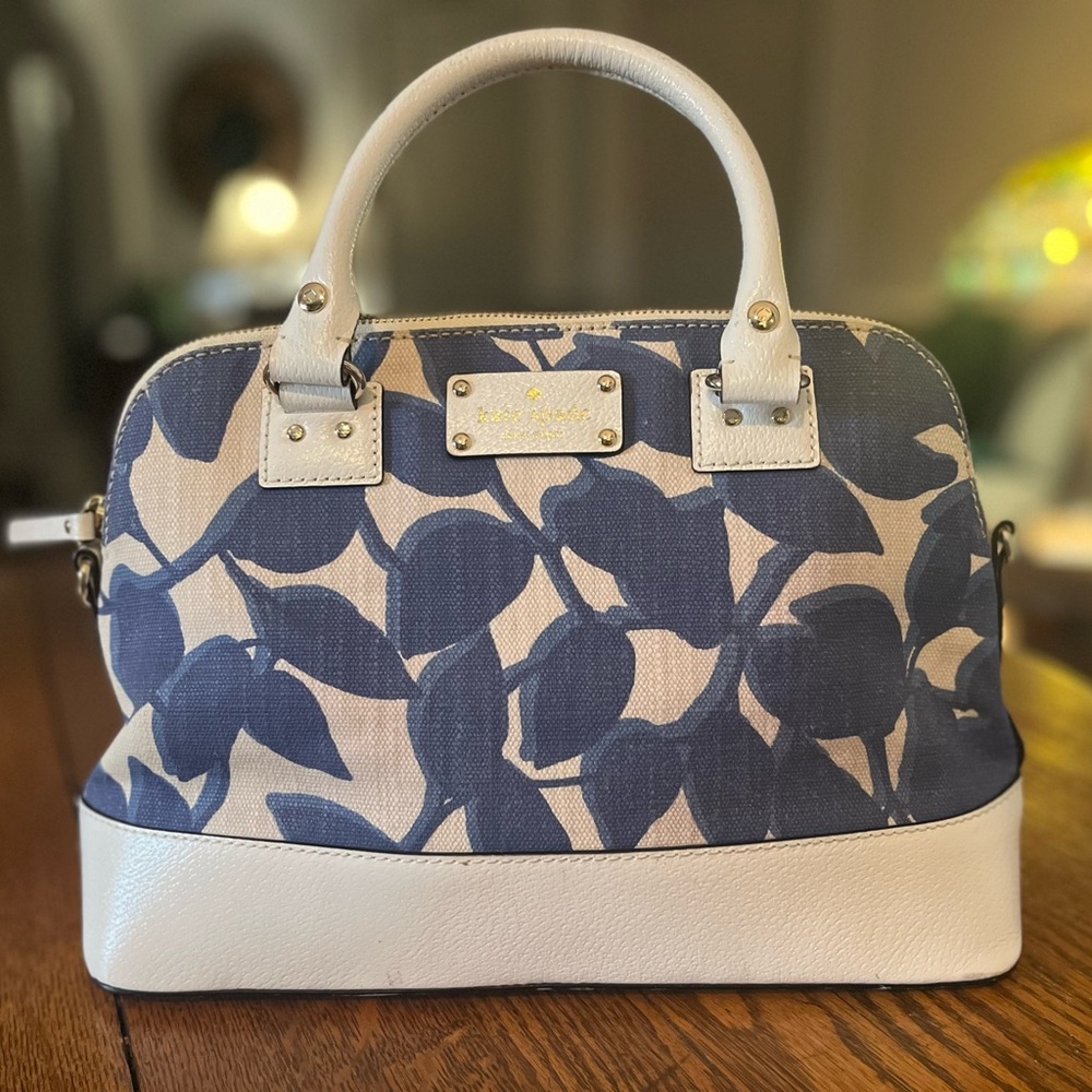 Kate Spade Blue/White Canvas & Leather Floral Hand Bag